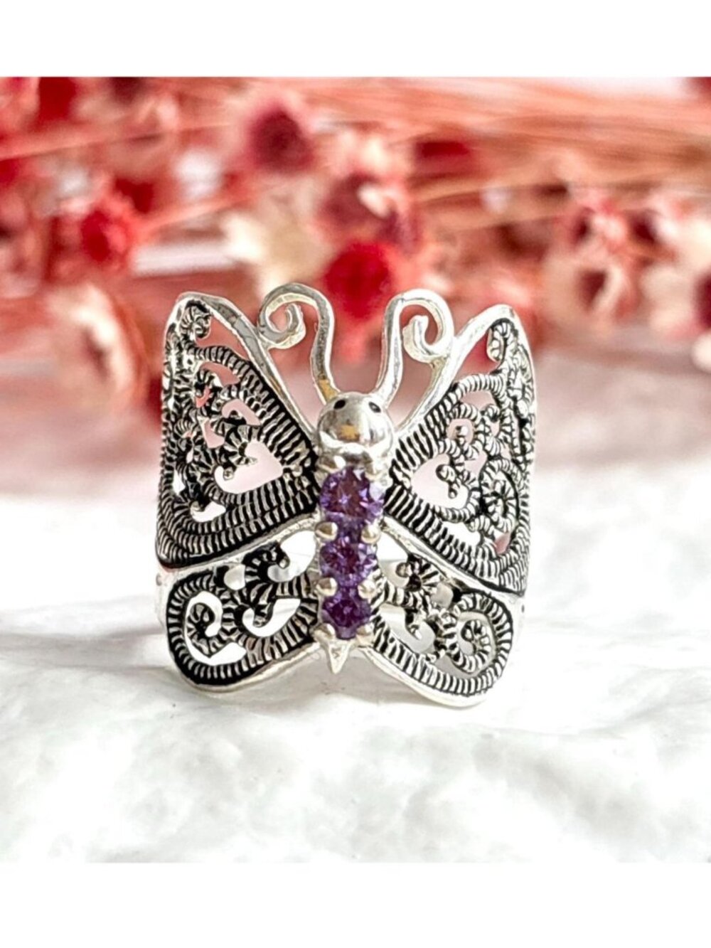 Butterfly Figural Amethyst Gemstone Sterling Silver 925 Vintage Ring - sz 8.5